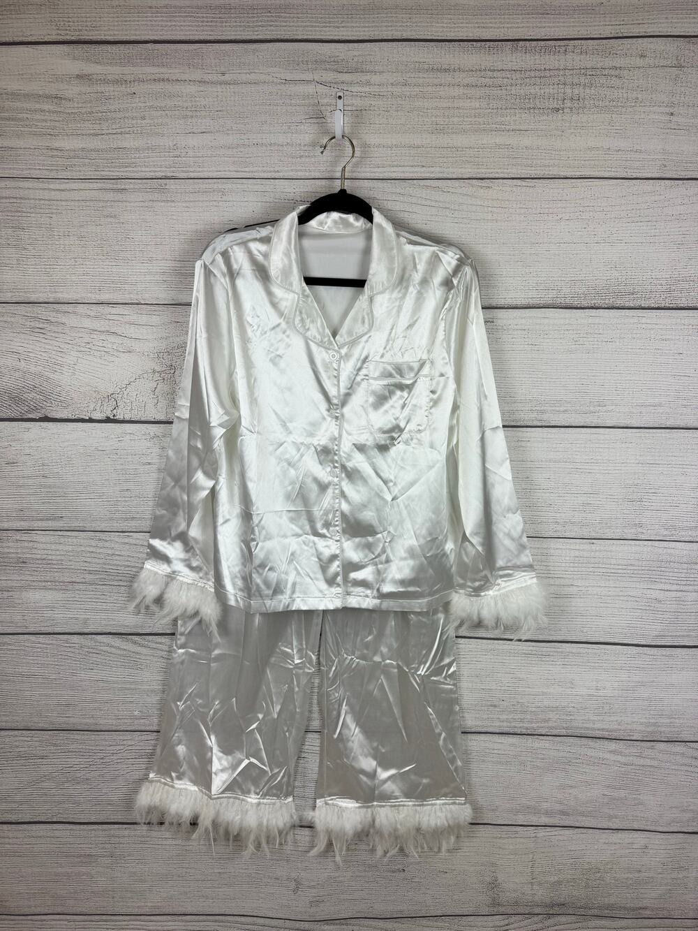 Shein Women's White Satin Top & Pant Matching Bridal Pajama Set Size Large